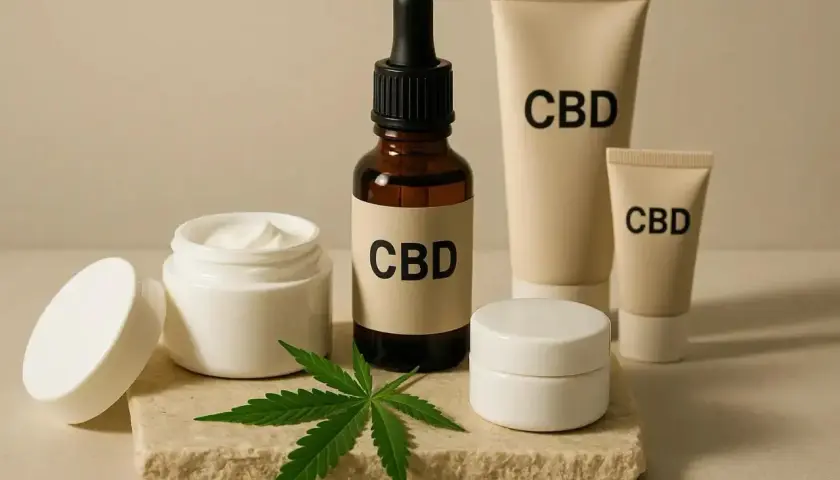 CBD-Produkte: eine Flasche mit Pipette, zwei Tuben und zwei Cremetiegel, daneben ein Hanfblatt.
