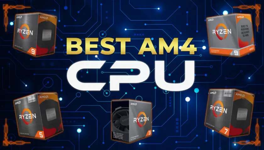 Cajas de procesadores AMD Ryzen 9, 7, 5 y 3 para socket AM4, con el texto "BEST AM4 CPU" en dorado y blanco.