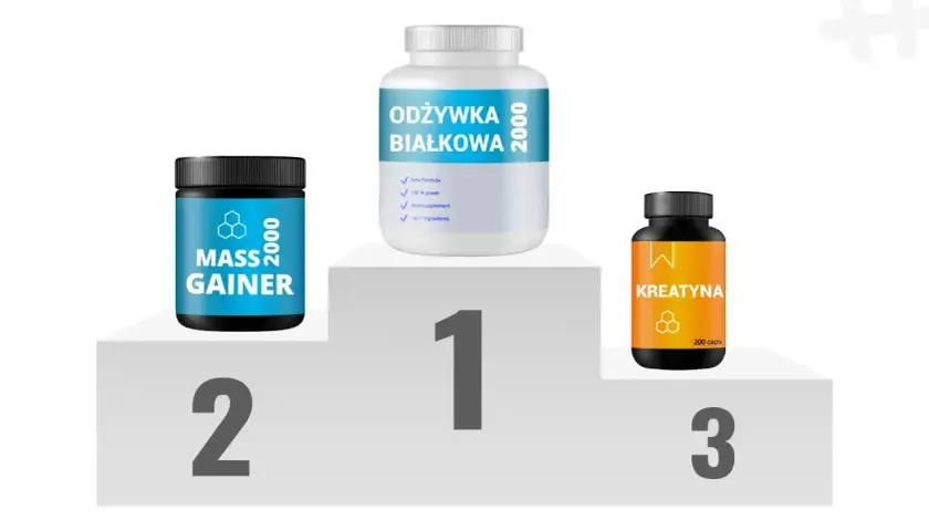 Butelki z odżywką białkową, mass gainerem i kreatyną na podium.