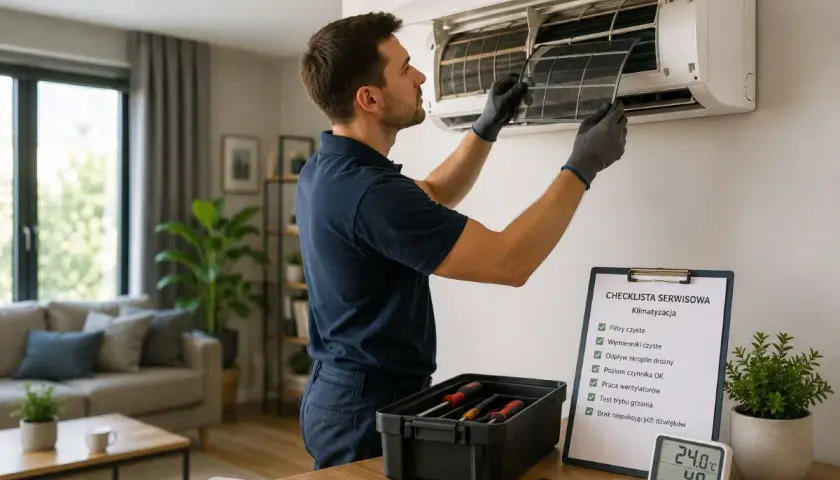 Technik w rękawiczkach wyjmuje filtr z klimatyzatora. Obok skrzynka z narzędziami i lista kontrolna.