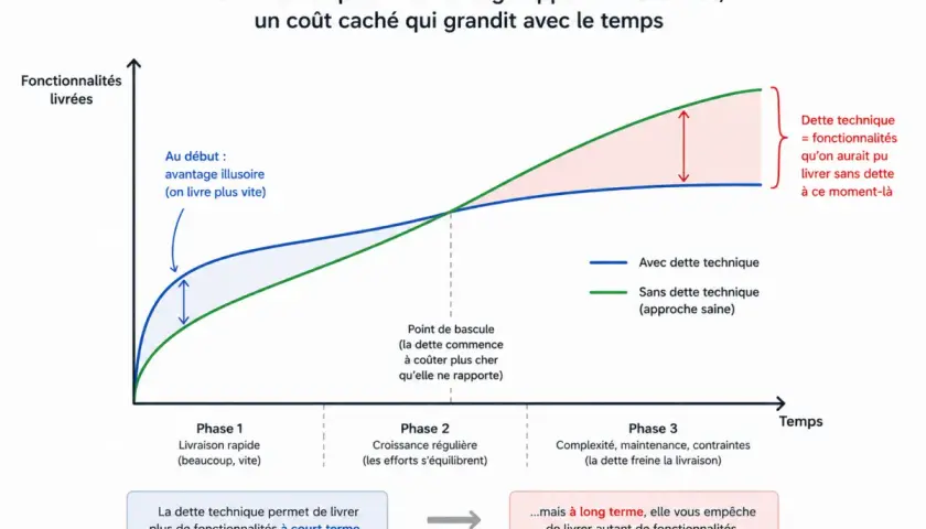 Courbe montrant que la dette technique permet une livraison rapide au début, mais freine la maintenance corrective et évolutive à long terme.