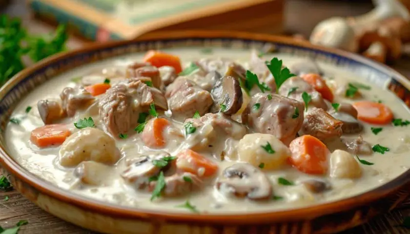 Un plat réconfortant de blanquette de veau, avec des morceaux tendres de viande, des carottes, des champignons et une sauce crémeuse, garni de persil frais.