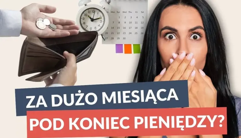Zaskoczona kobieta z pustym portfelem i zegarem. Czy to za dużo miesiąca pod koniec pieniędzy?