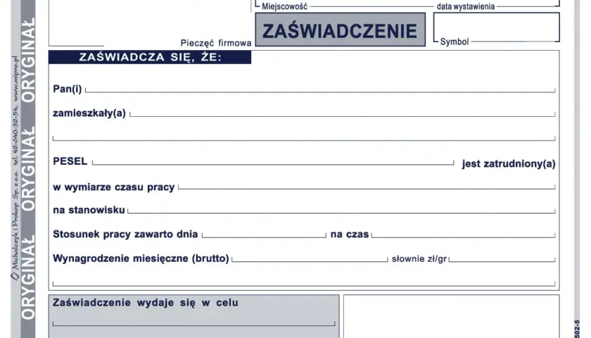 Formularz zaświadczenia o zatrudnieniu, zawierający dane pracownika, stanowisko, wynagrodzenie i cel wydania dokumentu.