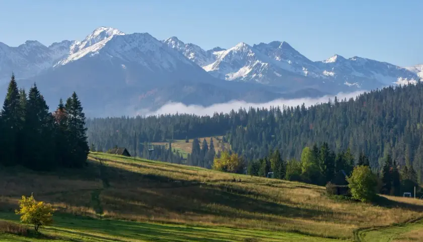 Gubałówka atrakcje: malowniczy widok na Tatry, zielone wzgórza, lasy i kilka drewnianych budynków.