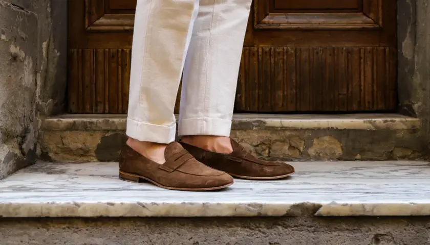 Pieds chaussés de mocassins marron en daim, un look estival parfait pour des chaussures sans chaussettes.