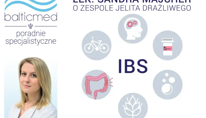 Lek. Sandra Majcher o zespole jelita drażliwego (IBS). Grafika przedstawia jelito, mózg, rower, leki, zboże i pęcherzyki, symbolizujące różne aspekty nerwicy jelit.