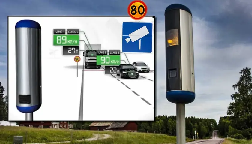 Nya fartkameror övervakar trafiken. En illustration visar hur hastigheter mäts på olika filer, medan en verklig kamera står vid vägen.