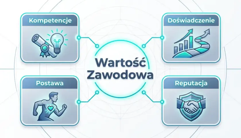 Wykres przedstawia cztery kluczowe elementy budujące wartość zawodową: kompetencje, doświadczenie, postawę i reputację. Rozwijanie tych umiejętności to klucz do sukcesu.