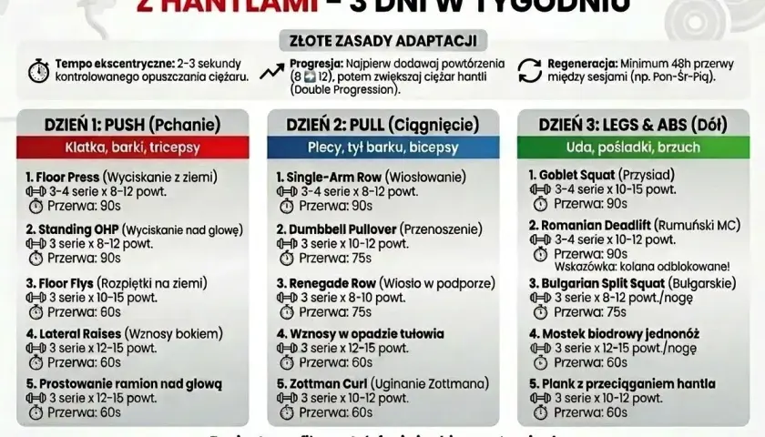 Plan treningowy PPL z hantlami na 3 dni. Czy rutyna jest dobra? Tak, ten plan pokazuje, jak efektywnie ćwiczyć.
