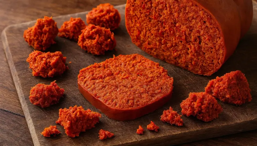 Was ist Nduja? Eine scharfe, streichfähige italienische Salami aus Schweinefleisch und Chili, hier auf einem Holzbrett präsentiert.