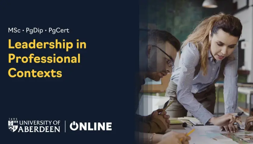 University of Aberdeen's online masters in organizational leadership program. Professionals collaborate on a project.