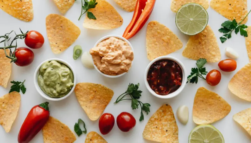 Chips de maïs avec guacamole, salsa et une sauce crémeuse. Des ingrédients frais pour remplacer la mayonnaise dans vos recettes.