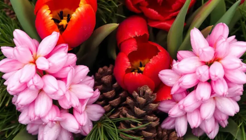 Des jacinthes couleur rose pâle et des tulipes rouges éclatantes se mêlent à des pommes de pin et des aiguilles de sapin.