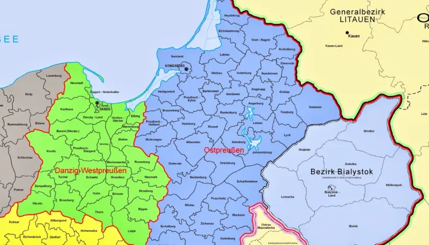 Mapa administracyjna z podziałem na rejony: Danzig-Westpreußen, Ostpreußen i Generalbezirk Litauen.