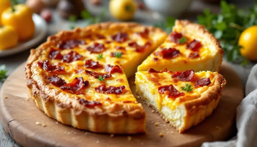 Une délicieuse quiche lorraine, dorée et garnie de lardons croustillants, prête à être dégustée.
