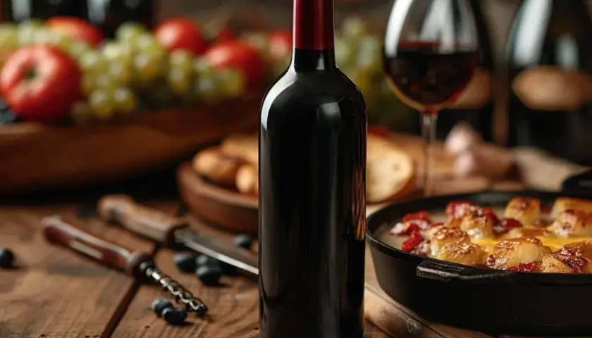Bouteille de vin rouge, verre à moitié plein, et une fondue bourguignonne prête à être dégustée. Parfait pour un dîner convivial.