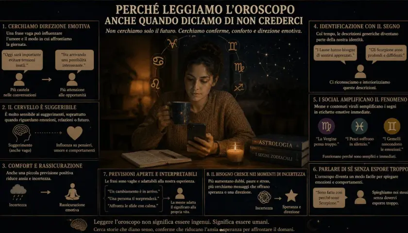 Donna con tazza e telefono, circondata da simboli zodiacali. Cerca conferme, conforto e direzione emotiva, segnali che una persona ti pensa intensamente.