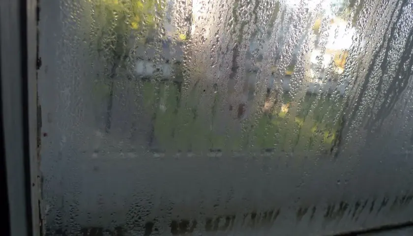 Vetro appannato, segno di dispersione termica in casa. Goccioline d'acqua sul vetro oscurano la vista esterna, suggerendo un problema di isolamento.