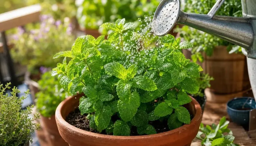 Arrosage d'une plante de menthe en pot, essentiel pour sa taille et son entretien. Les feuilles vertes brillent sous les gouttes d'eau.