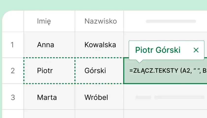 Wiersz w Excelu z imieniem i nazwiskiem "Piotr Górski". Formuła łączy dane z komórek A2 i B2.