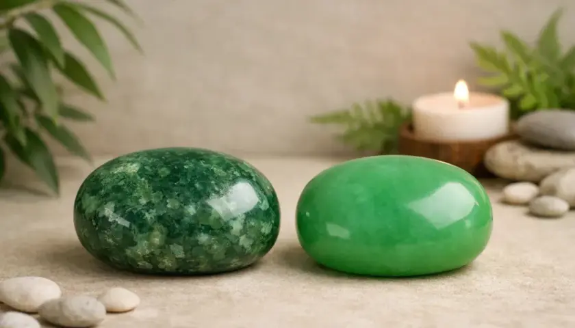 Zwei grüne Steine, die zeigen, was ist Jade. Einer ist gemustert, der andere glatt. Kerze und Pflanzen im Hintergrund.