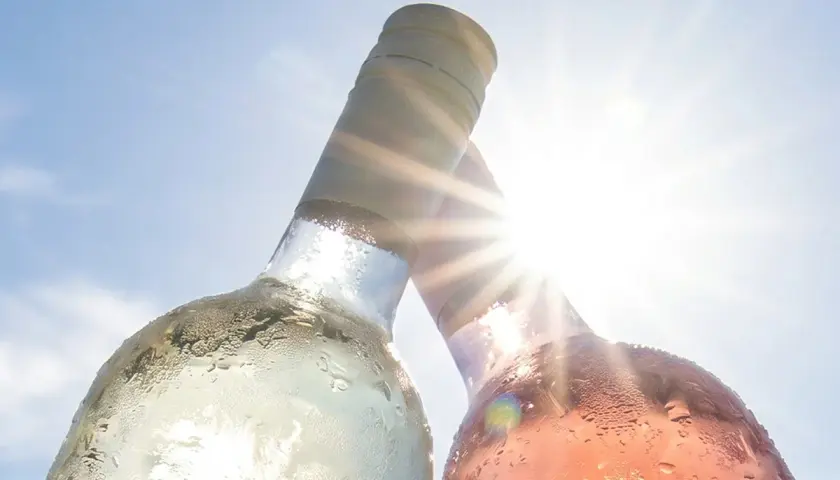 Zwei gekühlte Flaschen Wein, eine weiß, eine rosé, stoßen vor strahlender Sonne an. Perfekt für die 10 besten italienischen Weine.