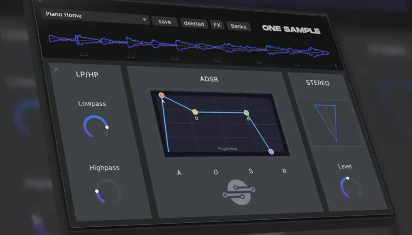 Interface d'un vst batterie gratuit, avec courbes ADSR, filtres LP/HP et réglages stéréo.