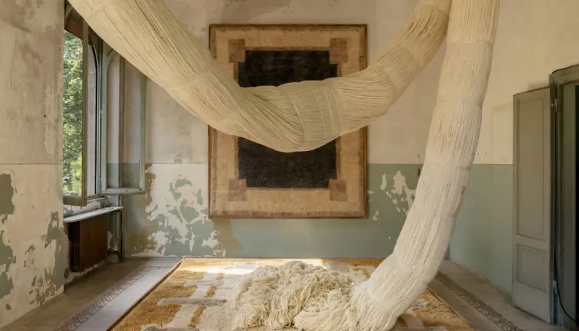 Installation artistique avec des cordes monumentales rappelant le passementier métier, drapant une pièce aux murs décrépis et sur des tapis graphiques.