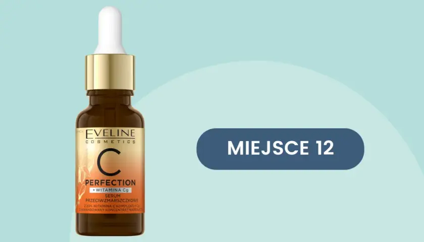 Serum Eveline Perfection z witaminą Cg, jeden z rodzajów witaminy C, w buteleczce z pipetą. MIEJSCE 12.