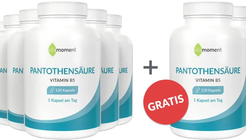 Mehrere Flaschen Pantothensäure, Vitamin B5, 120 Kapseln pro Flasche. Ein Angebot mit "Gratis" Aufkleber.