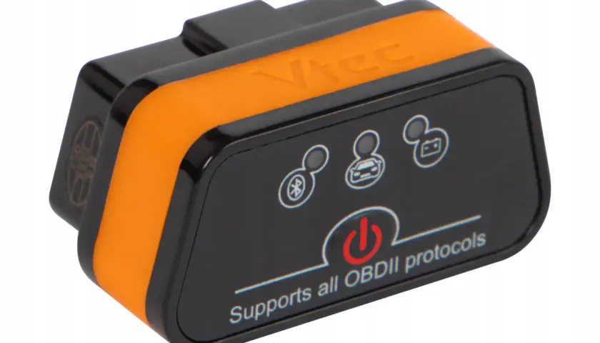 Pomarańczowo-czarny adapter OBD2 Bluetooth z ikonami Bluetooth, samochodu i baterii. Idealny wybór dla diagnostyki pojazdów.