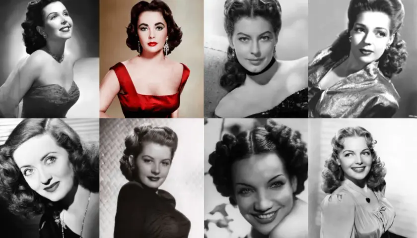 Ocho mujeres icónicas muestran elegantes peinados años 50, con rizos voluminosos y recogidos sofisticados.