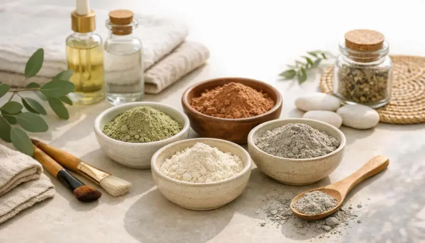 Des bols de différentes argiles (verte, blanche, grise, rouge) et des huiles, prêts pour un soin. C'est quoi l'argile ? Une poudre naturelle aux multiples vertus.
