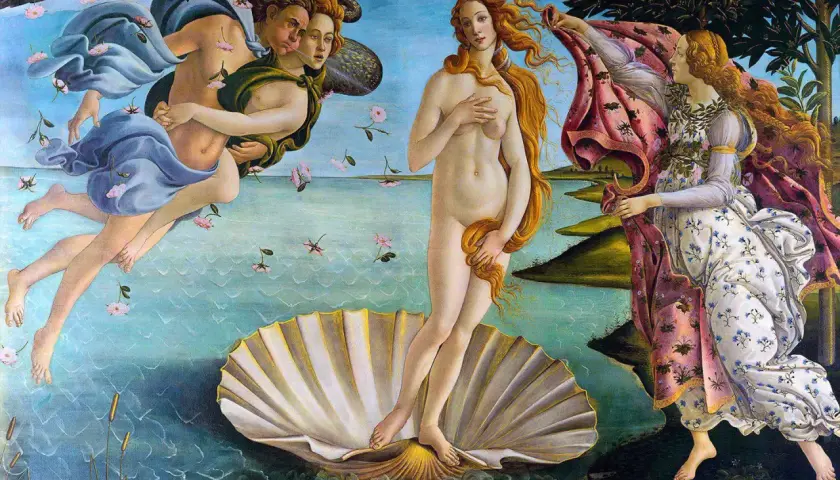 La Venere del Botticelli emerge da una conchiglia, spinta da Zefiro e accolta da una ninfa.
