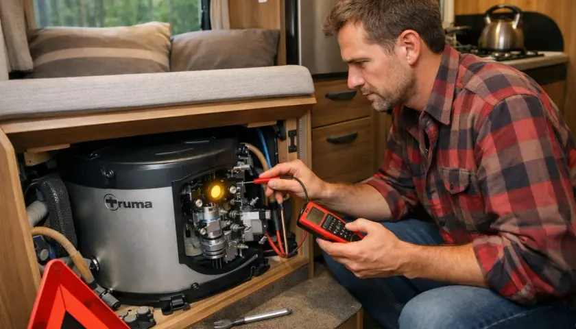 Un homme vérifie le **chauffe eau Truma** de son **camping-car** avec un appareil de mesure.