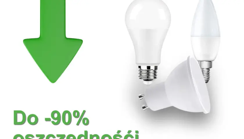 Oszczędzaj do 90% energii dzięki nowoczesnym żarówkom z małym gwintem. Zielona strzałka w dół symbolizuje oszczędności.