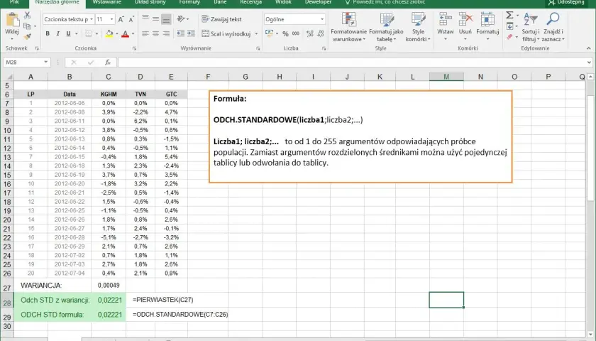 Arkusz Excel z danymi i formułą ODCH.STANDARDOWE. Oblicza odchylenie standardowe dla próby danych.