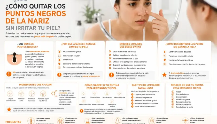 Mujer se mira en espejo, tocándose la nariz con puntos negros. Guía para quitar puntos negros sin irritar la piel.