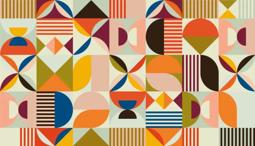 Motif géométrique coloré, parfait pour un motif wax à imprimer. Formes abstraites et lignes épurées dans des tons chauds et pastel.