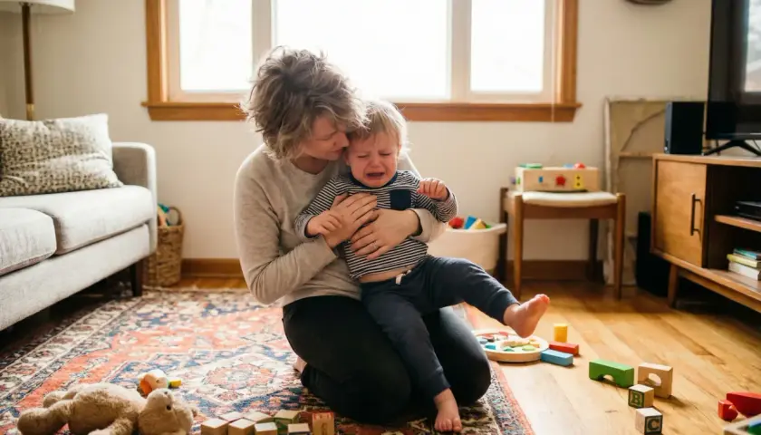 Mama tuli tulikuje, gdy dziecko nie radzi sobie z emocjami. Przytula płaczącego malucha, otoczeni zabawkami.
