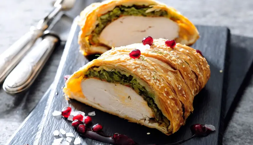 Pyszny kurczak w cieście francuskim z mozzarellą, zielonym farszem i granatem.
