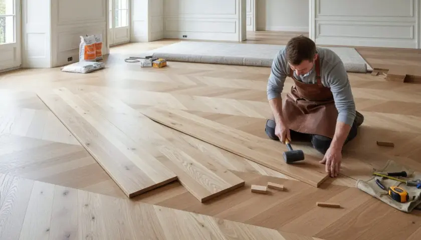 Installazione di un elegante pavimento galleggiante interno in legno, con un artigiano che posa le tavole a spina di pesce.
