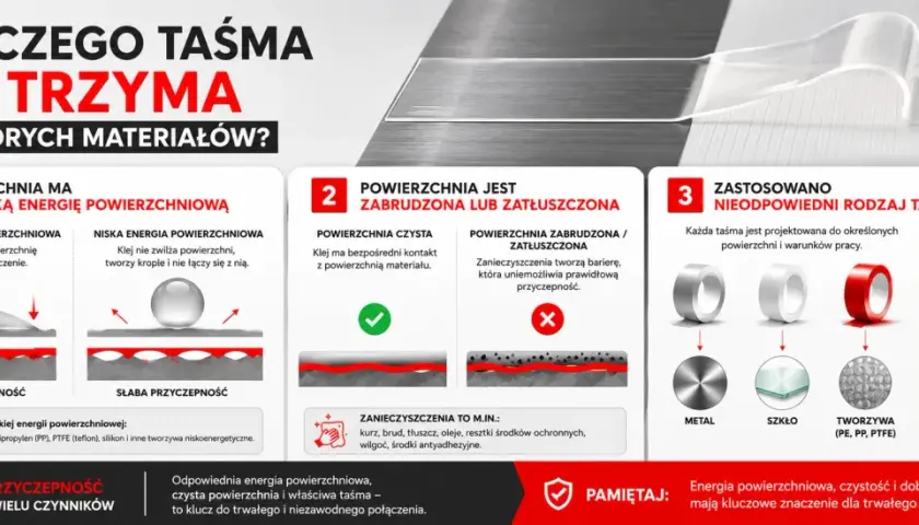 Niska energia powierzchniowa, zabrudzenia i zły dobór taśmy to przyczyny słabej przyczepności. Kluczowe są właściwości adhezyjne.