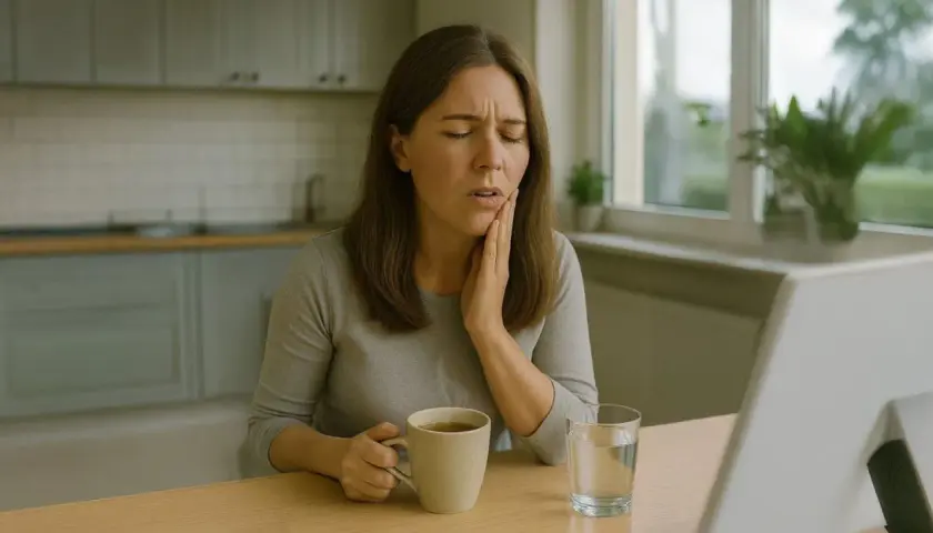 Donna con mano sulla guancia, viso sofferente, forse per un palato infiammato. Tazza di tè e bicchiere d'acqua sul tavolo.