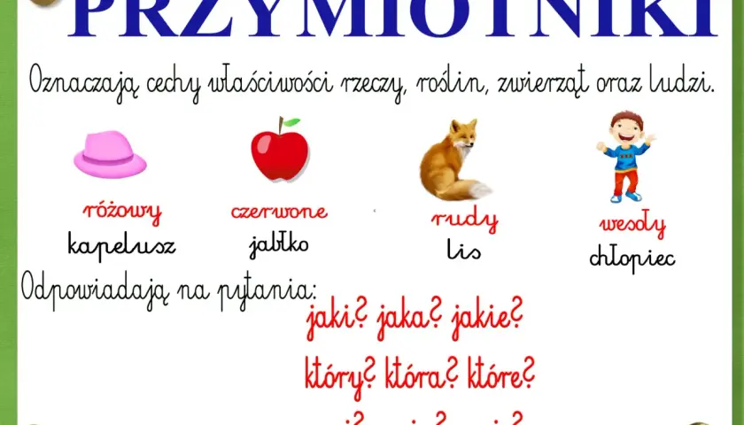 Ilustracja przedstawia różowy kapelusz, czerwone jabłko, rudego lisa i wesołego chłopca.
