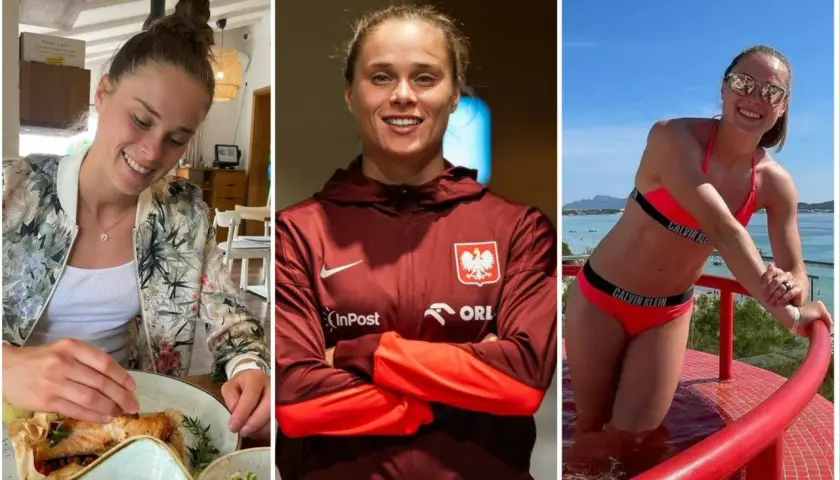 Ewa Pajor, uśmiechnięta piłkarka, w stroju sportowym i bikini.