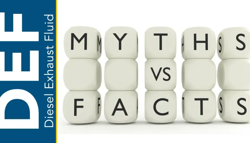 Kostki z napisami "MYTHS VS FACTS" obok logo DEF (Diesel Exhaust Fluid). Czy to mit, że ceramizer do diesla z DPF nie działa?