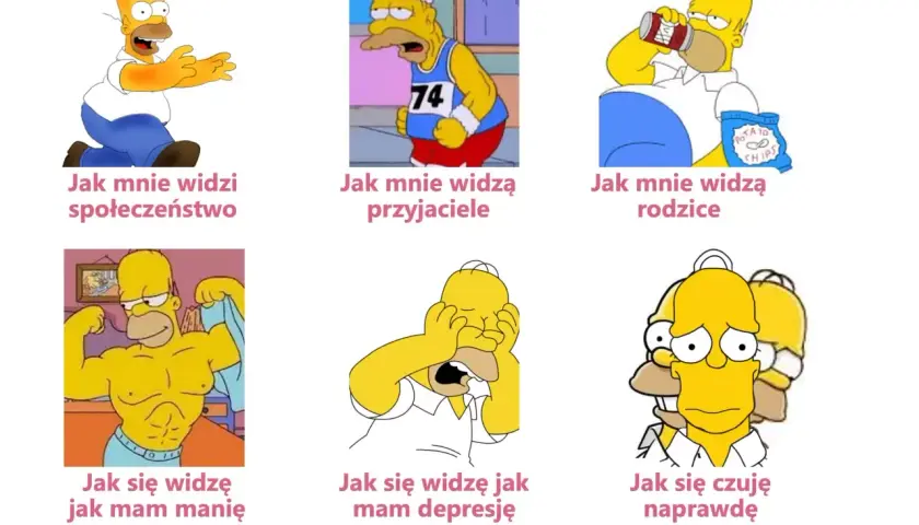 Homer Simpson pokazuje, jak widzi go świat, przyjaciele, rodzice, jak czuje się w manii, depresji i naprawdę. Obrazek ilustruje co to jest choroba dwubiegunowa.