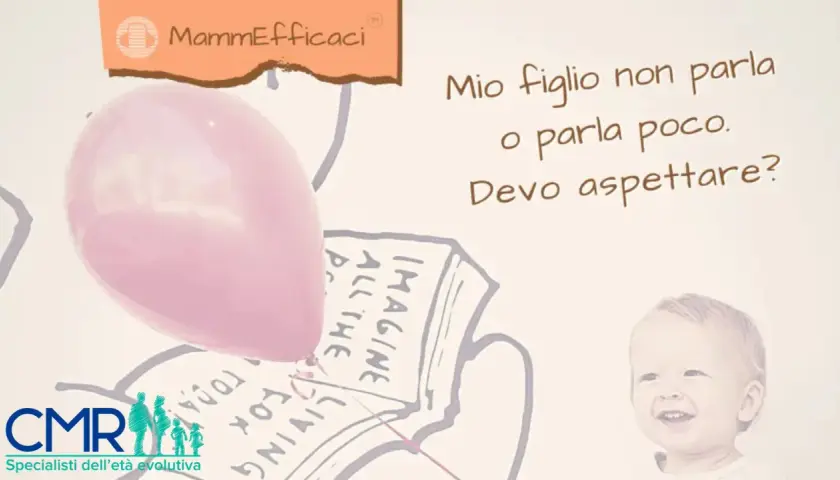 Un bambino di 2 anni non parla o parla poco? La domanda "Mio figlio non parla o parla poco. Devo aspettare?" è posta accanto a un palloncino rosa e un libro aperto.